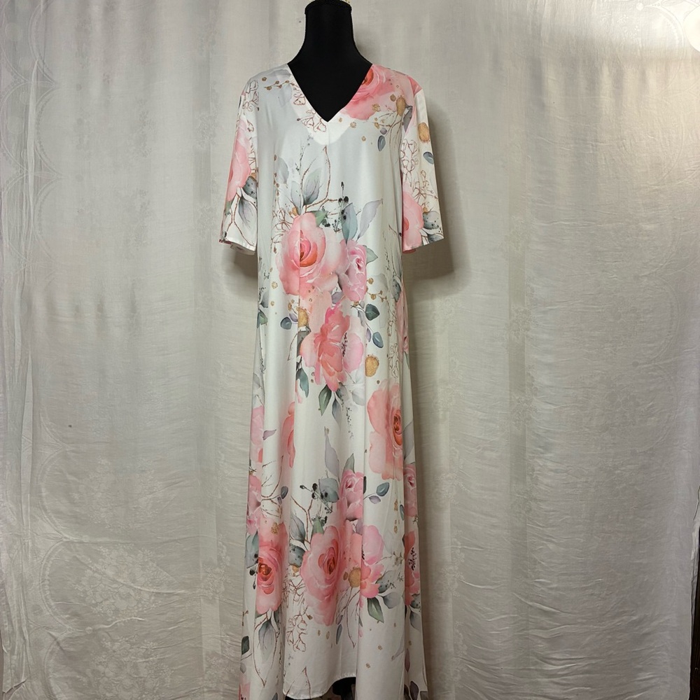 Romantic Floral Maxi Dress Watercolor Roses Pink Blush V-Neck S